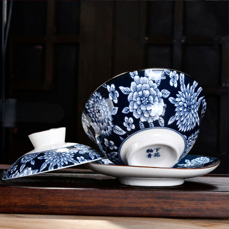 140ml Antique Blue White Porcelain Gaiwan Tureen Kung Fu Tea Cup Bowl Tea Set