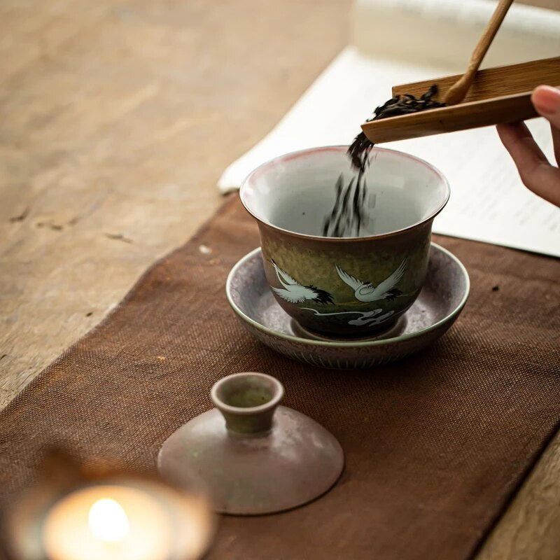 Anti Scald Large Ceramic Retro Tea Cover Bowl with Lid Sancai Gaiwan Single
