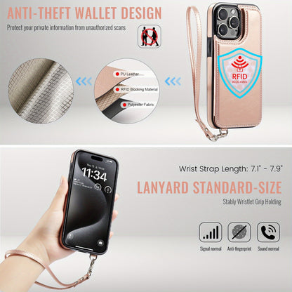 For iPhone 16/15/14/13/12/11 Pro Max Wallet Case with Card Holder Wrist Strap