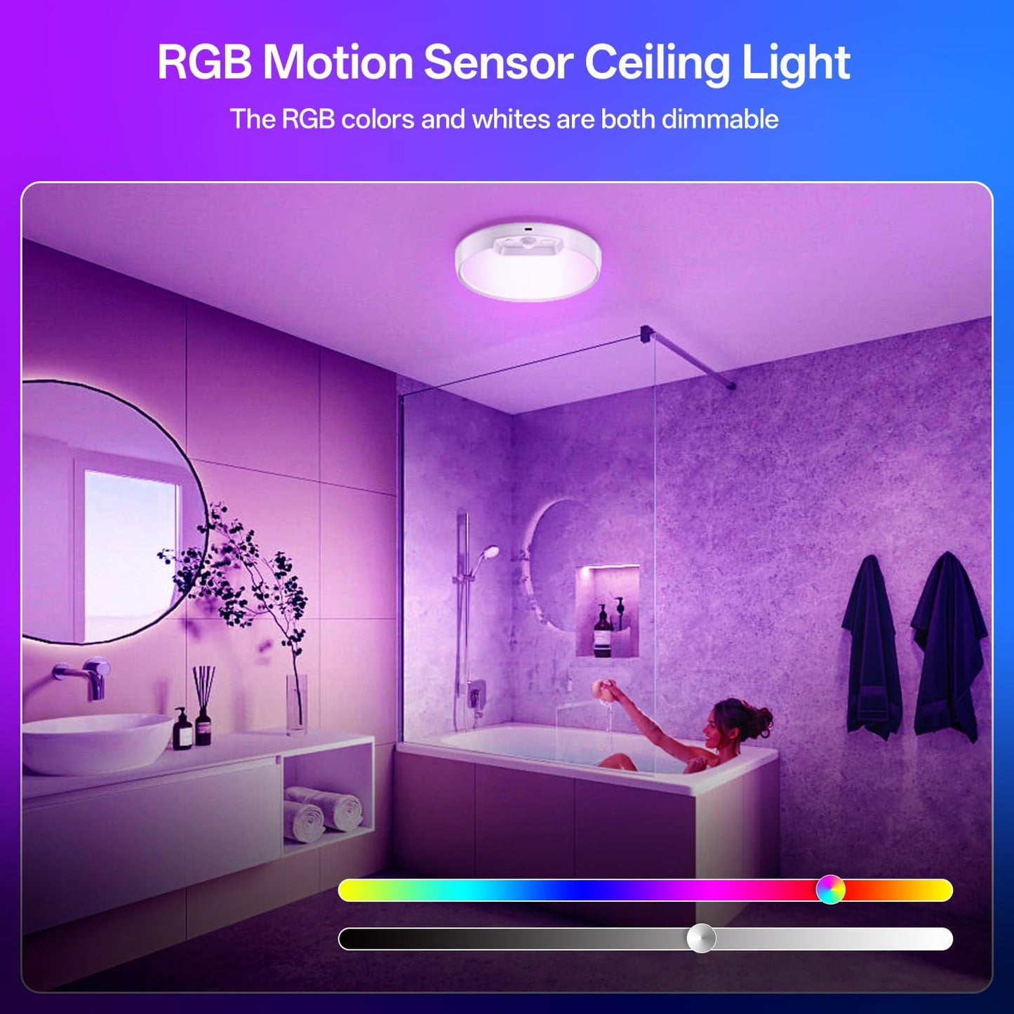 Rechargeable RGB Shower Light with Remote, Wireless Battery Operated Motion Sens