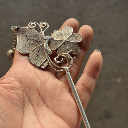 Vintage Silver-Tone Filigree Butterfly Hairpin Antique Collectible