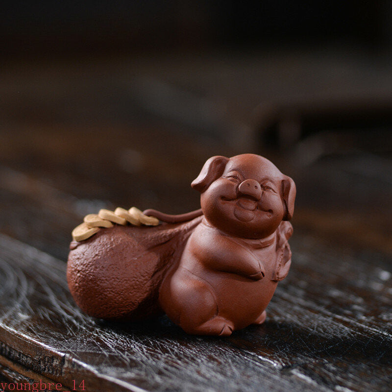 Yixing Purple Clay Tea Pet Lucky Piglet Statue Ornaments Handmade Tea Figurine