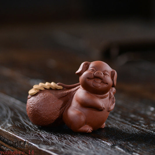 Yixing Purple Clay Tea Pet Lucky Piglet Statue Ornaments Handmade Tea Figurine