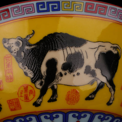 Jingdezhen Yellow Glazed Five Bull Pattern High Foot Bowl