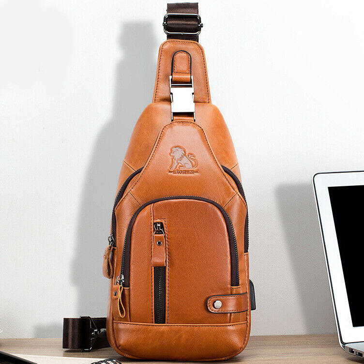 Men's Sling Backpack,100% Genuine Leather Chest bag Crossbody Bag Shoulder Bag