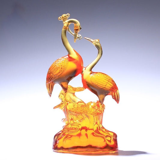Chinese Liu Li Crystal Crane Statue Feng Shui Decor