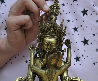 7.08"Old Tibetan Bronze gilt Vajra Mandkesvara Yab-Yum Happy Buddha Statue