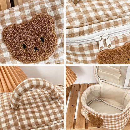 Cute Bear Makeup Bag Large Portable Cosmetic Bags Zipper Cotton Plaid Pouch Case