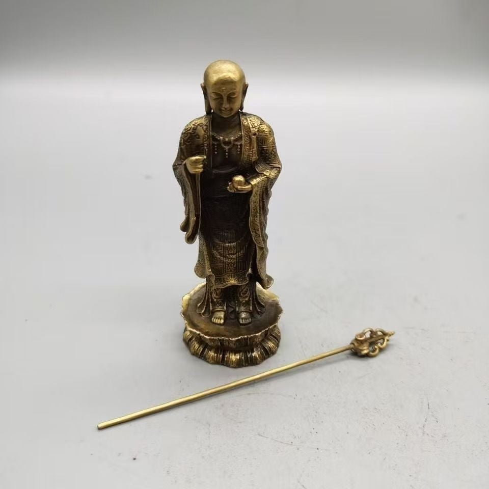 Vintage Bronze Kṣitigarbha Buddha Statue - Standing Figure with Khakkhara