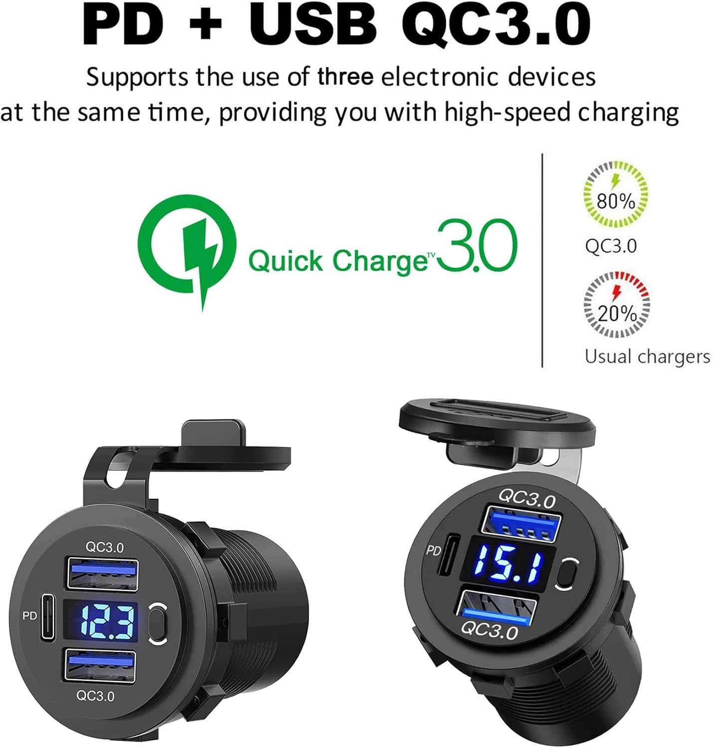 12V-24V PD+QC3.0 Dual USB Car Fast Charger Power Socket Outlet LED Voltmeter lot