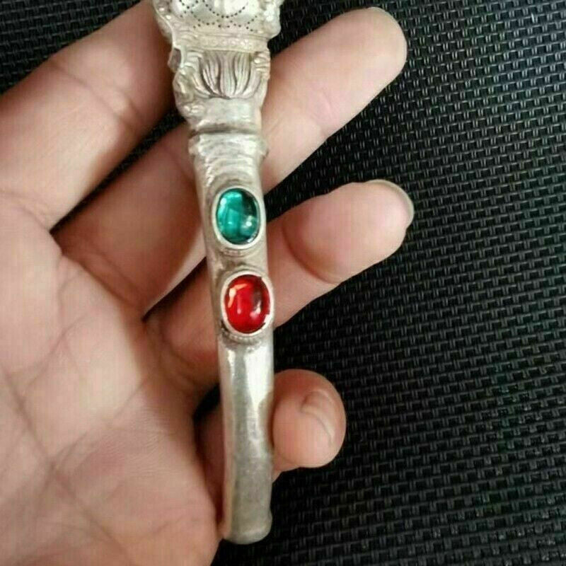Old Chinese tibet silver hand-carved Dragon phoenix inlay gem pipe Smoking tools