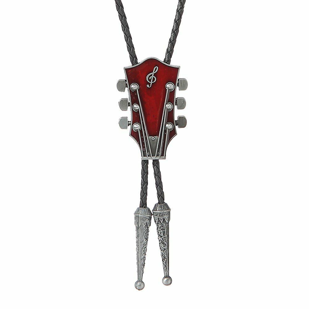 Men Fashion Music Guitar Bolo Ties Pendant Necklace Cowboy Leather Belt Neckties