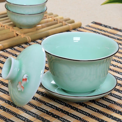 Carp / Golden Fish Relief Chinese Porcelain Tea Bowl Tea Service Cup Bowl Saucer