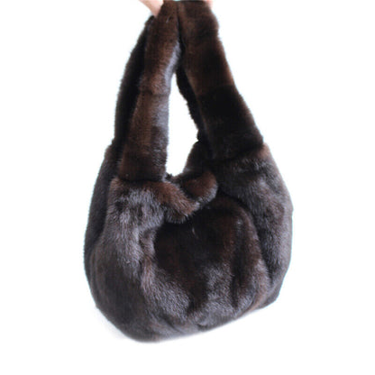 Womens Real Fur Handbag Full-pelt Mink Fur Tote Bag Genuine Sheep Leather Bottom