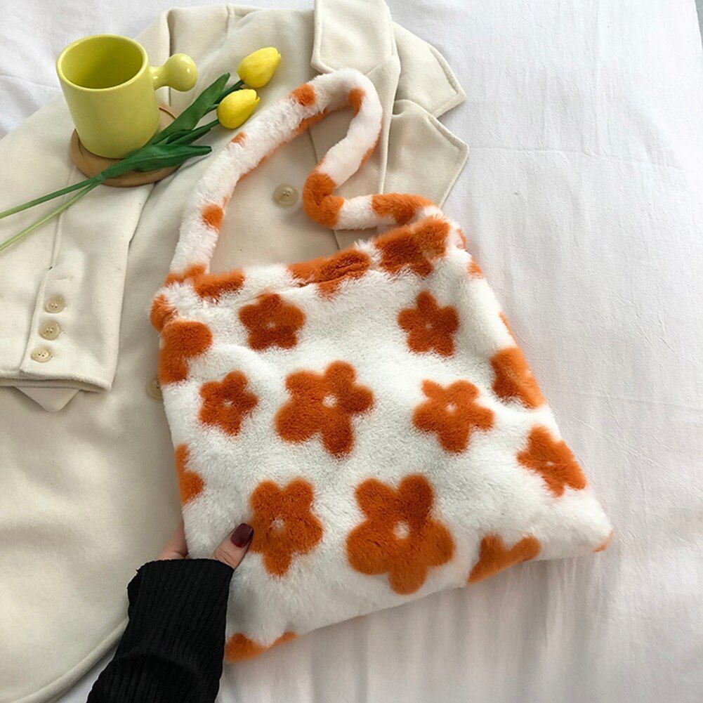 Shopping Bag Flower Print Plush Shoulder Large Handbags Underarm Bags 30*30*2 CM