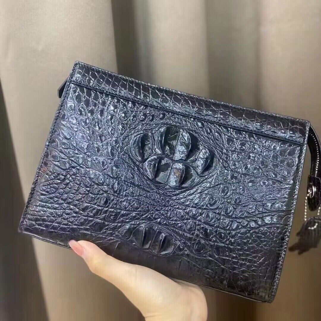 Black Real Crocodile Skin Leather Men Business Clutch Wallet Zipper Envelope Bag