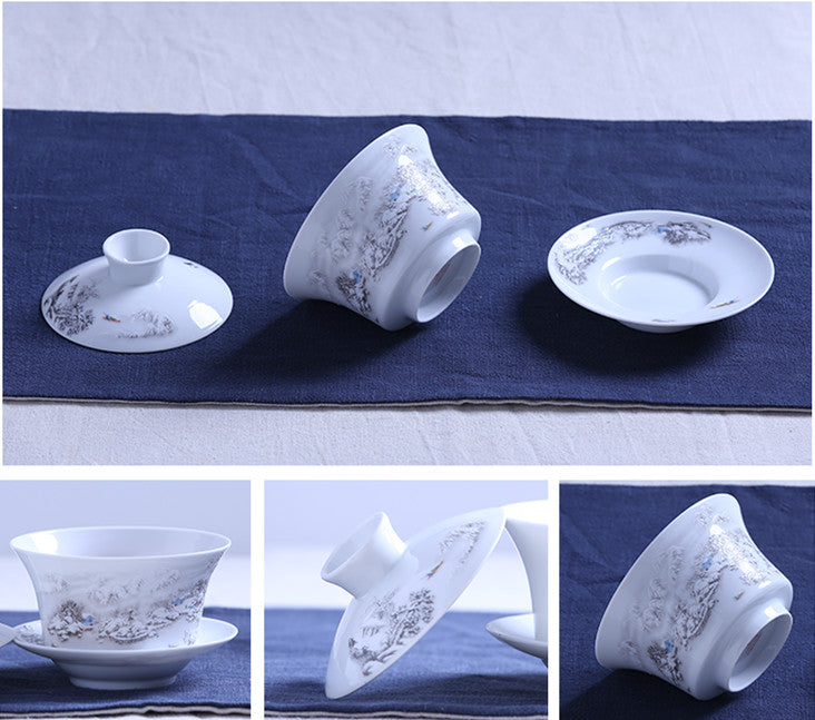 280ml Chinese Porcelain Gaiwan Tureen Relief Snow View Pattern Tea Bowl Cup