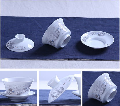280ml Chinese Porcelain Gaiwan Tureen Relief Snow View Pattern Tea Bowl Cup