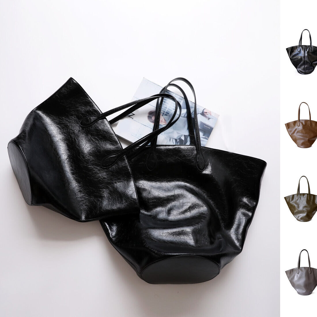 Large Shiny Soft Real Leather Waxed Tote Handbag Purse Shoulder Bag Shopper
