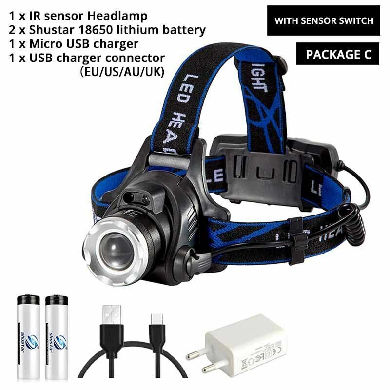 LED Headlamp Super Bright Sensor Zoomable Fishing Lamp Lighting 18650 Batteries