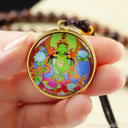 New Green Tara Buddha Statue Small Thangka Buddhism Copper Pendant Necklace