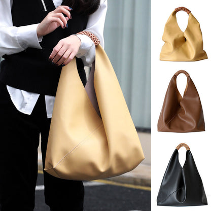 Raw Edge Leather Triangle Tote Hobo Shopper Shoulder Bag Sack Braided Handle