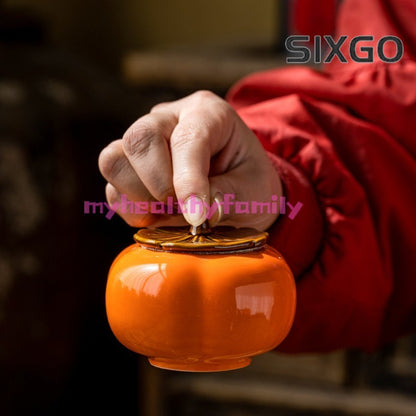 Persimmon Tea Jar Chinese Ceramic Small Size Portable and Sealed Tea Jar