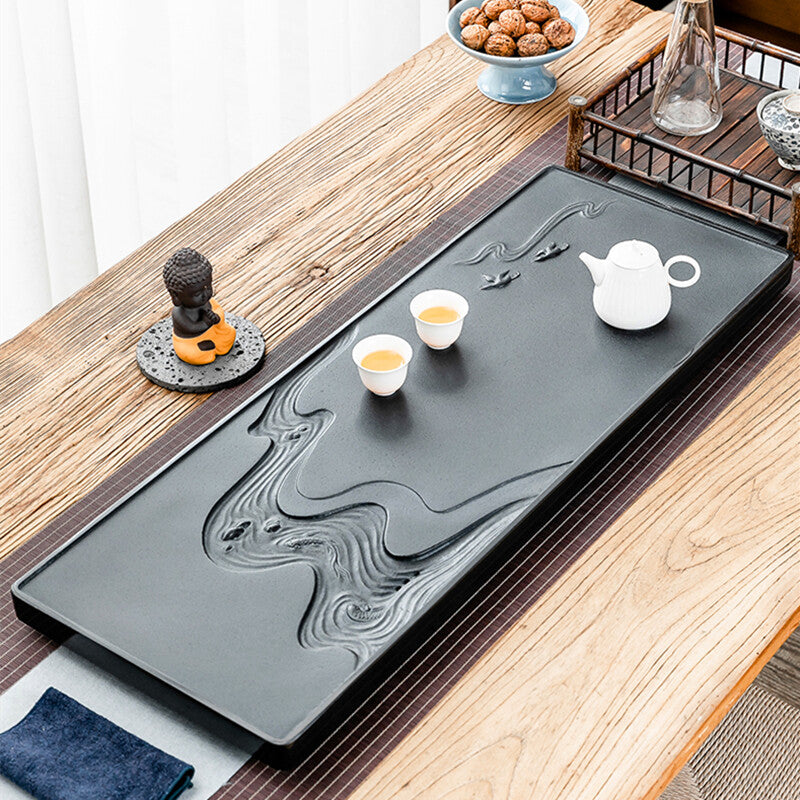Handmade Carved Black Stone Tea Tray Water Draining Tea Table Weighted Tea Boat