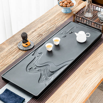 Handmade Carved Black Stone Tea Tray Water Draining Tea Table Weighted Tea Boat
