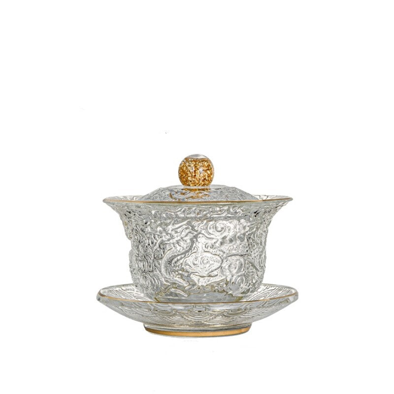 boutique gaiwan glass handmade dragon carved Chinese Sancai bowl lid saucer new
