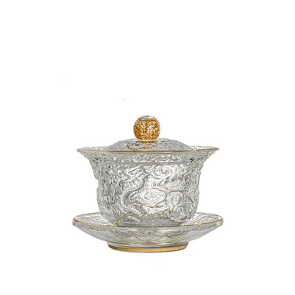 boutique gaiwan glass handmade dragon carved Chinese Sancai bowl lid saucer new