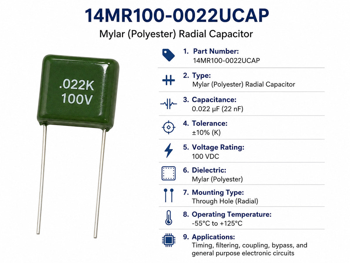 100 Pack Mylar Radial Capacitor 10% 100 Volt 0.0022 µF