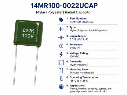 100 Pack Mylar Radial Capacitor 10% 100 Volt 0.0022 µF