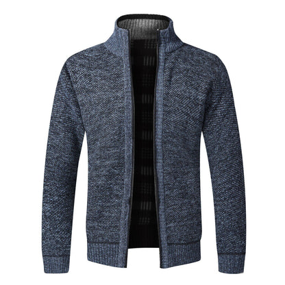 Men's Cardigan Sweater Fall Stand Collar Fleece Full Zip Male Clothing Coat