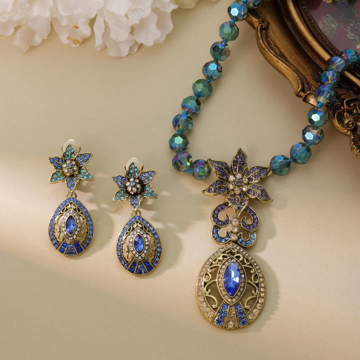 Vintage Blue Crystal Flower Jewelry Set Teardrop Necklace Earrings 2Pcs