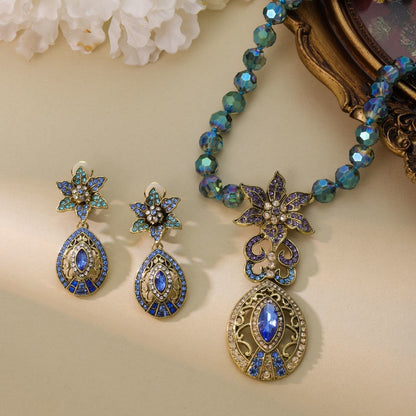 Vintage Blue Crystal Flower Jewelry Set Teardrop Necklace Earrings 2Pcs