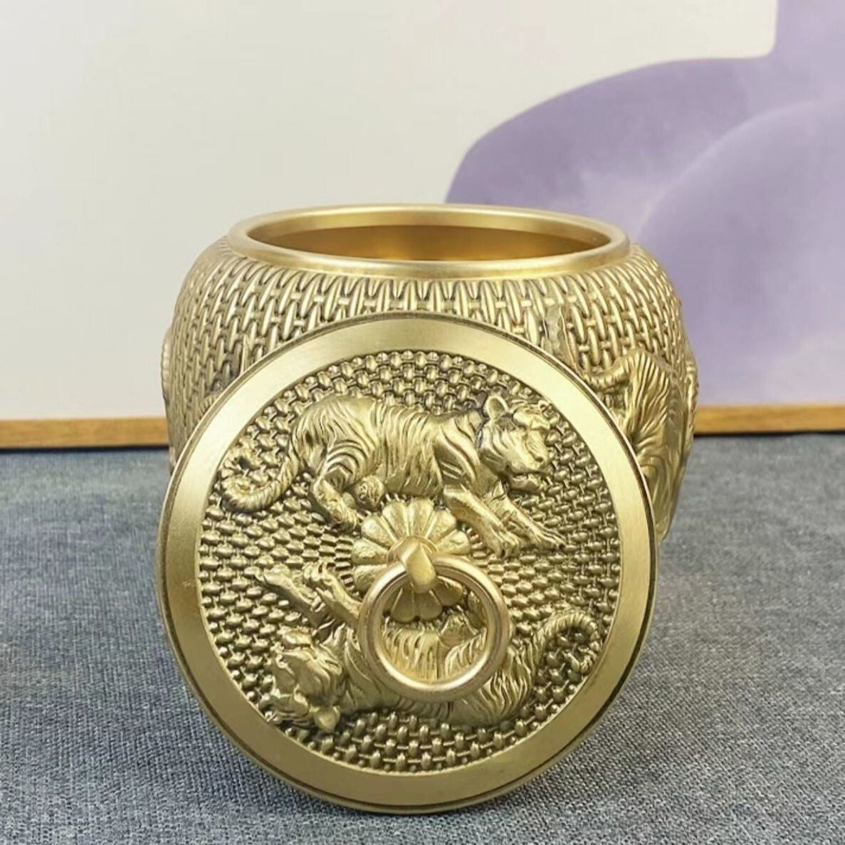 Copper Carved Animal Tiger Jar Tea Coffee Powder Storage Box Decor