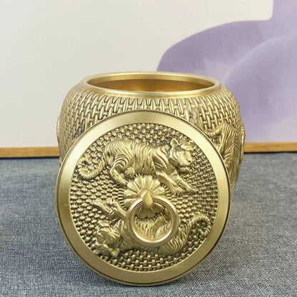 Copper Carved Animal Tiger Jar Tea Coffee Powder Storage Box Decor