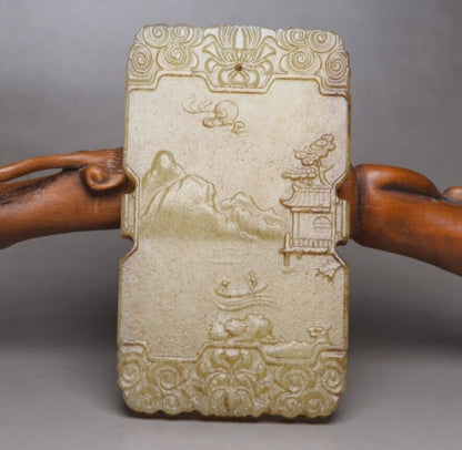 Chinese Natural Hetian Jade Carved Landscape Statues Exquisite Pendant Jewelry