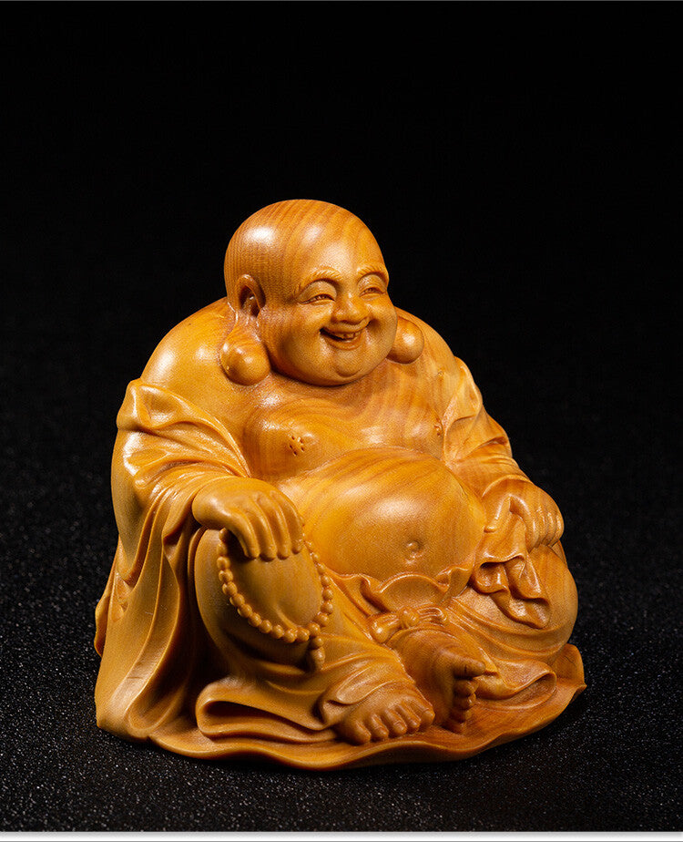 8CM Boxwood Maitreya Sculpture Wood Carving Buddha Statue Collection Decorations