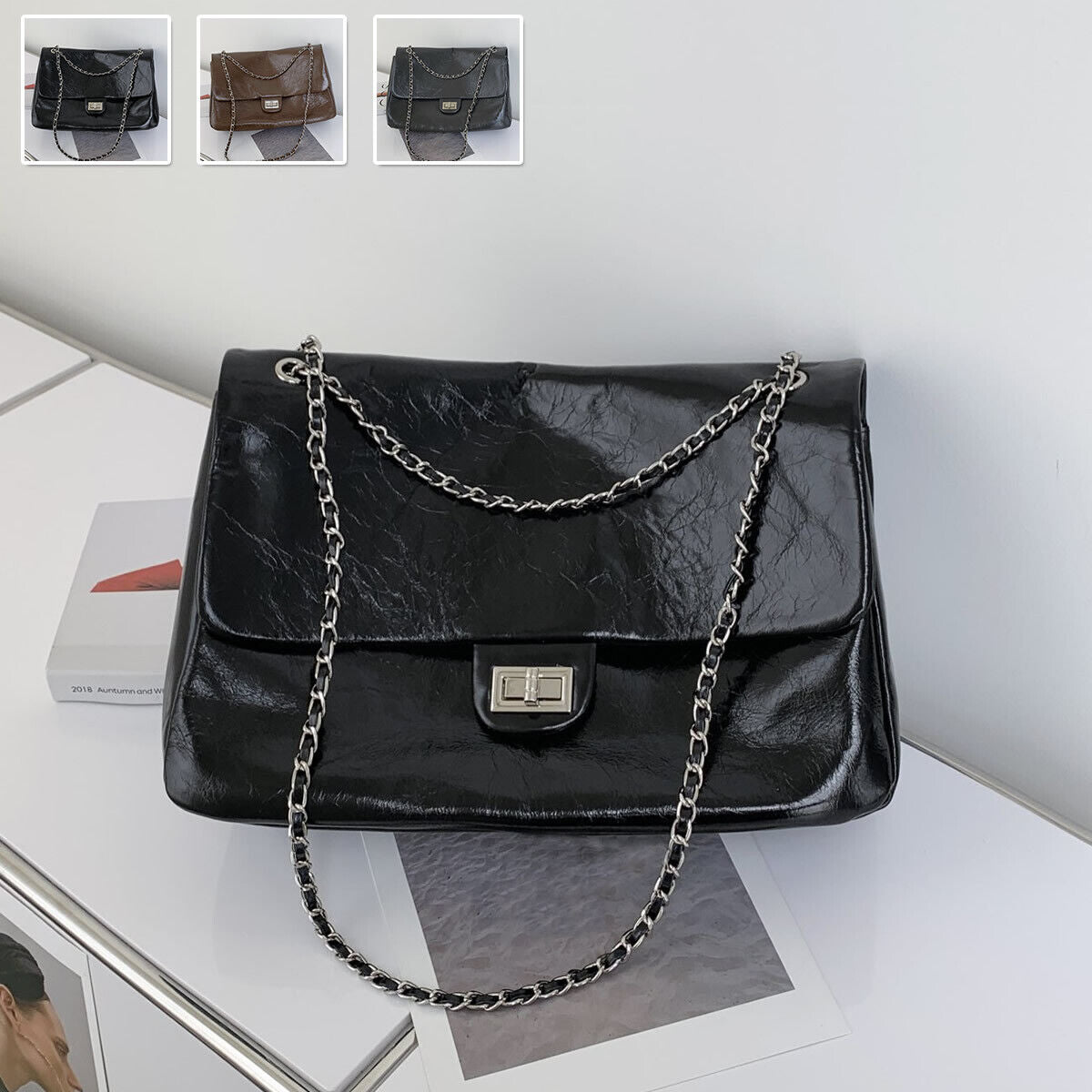 Shiny Real Leather Small Flap Shoulder Bag Purse Double Chains Crossbody Handbag