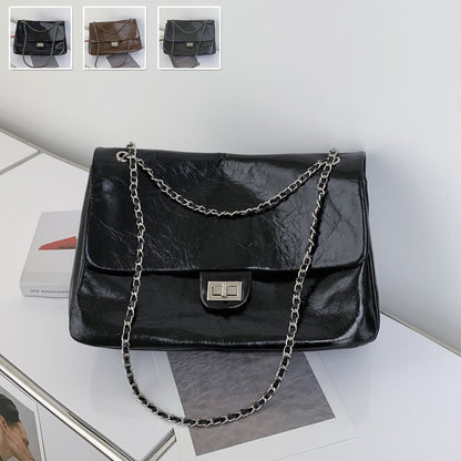 Shiny Real Leather Small Flap Shoulder Bag Purse Double Chains Crossbody Handbag