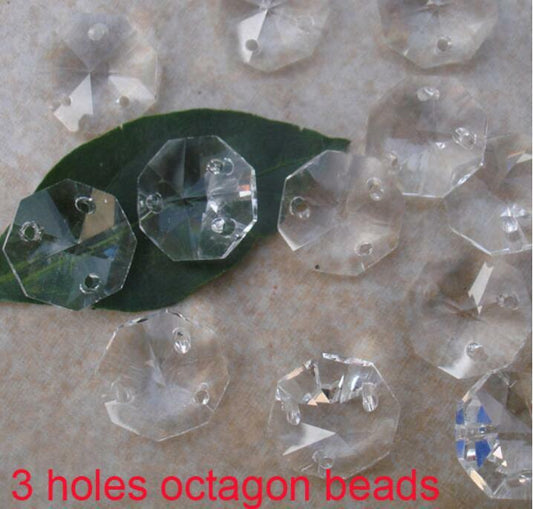 100pcs 14mm Transparent Octagonal Crystal Chandelier Beads Three Holes Wedding