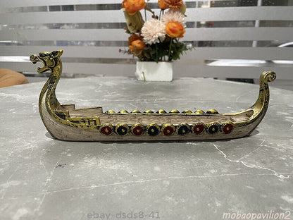 Hand Carved Dragon Boat Incense Holder Burner Censer Carving Ornaments