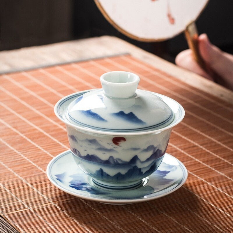 handmade gaiwan under glaze porcelain covered bowl SanCai tureen 150ml coaster