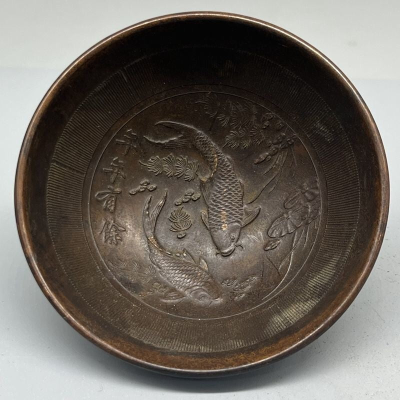 Collection chinese bronze handmade fish statue bowl cup home decoration