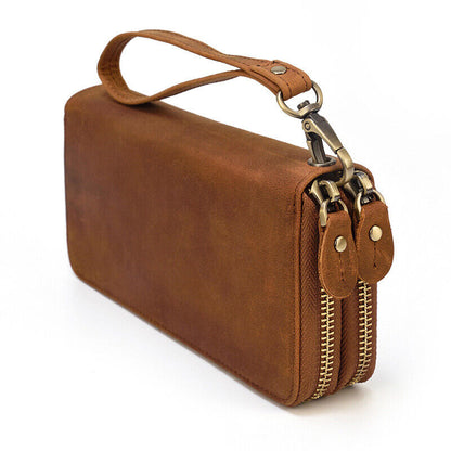 Top-Grain Leather Men's Clutch Bag, Double Zipper Long Wallets Retro Handbags