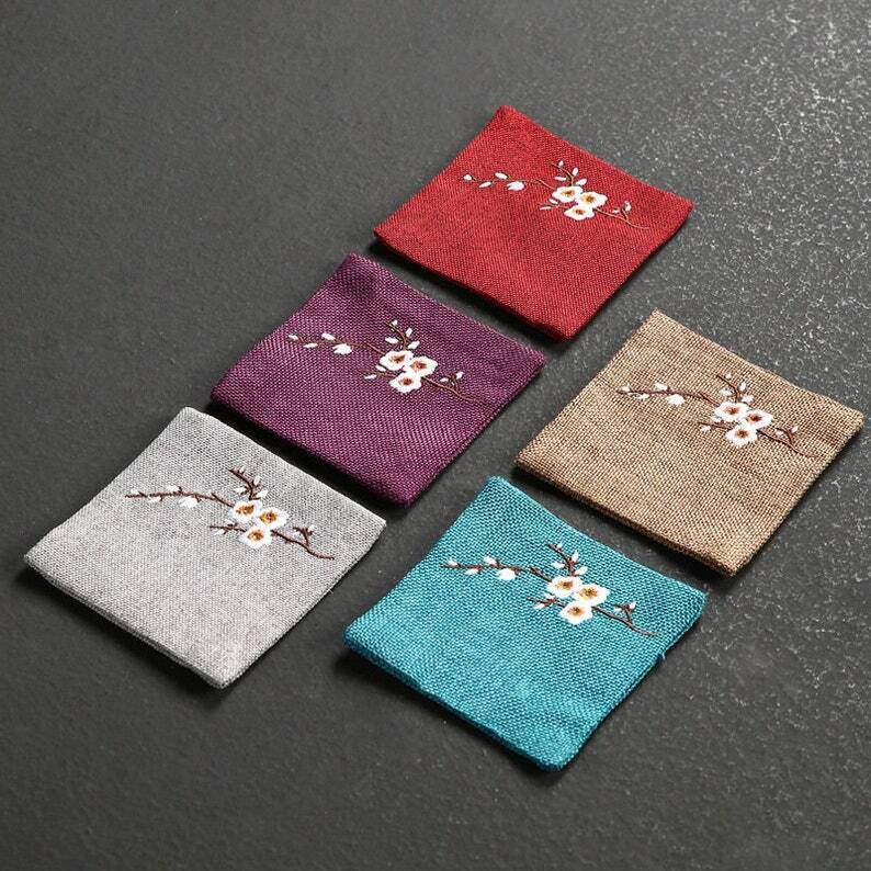 Embroidered Plum Blossom Cotton Tea Coasters|Tea Accessories