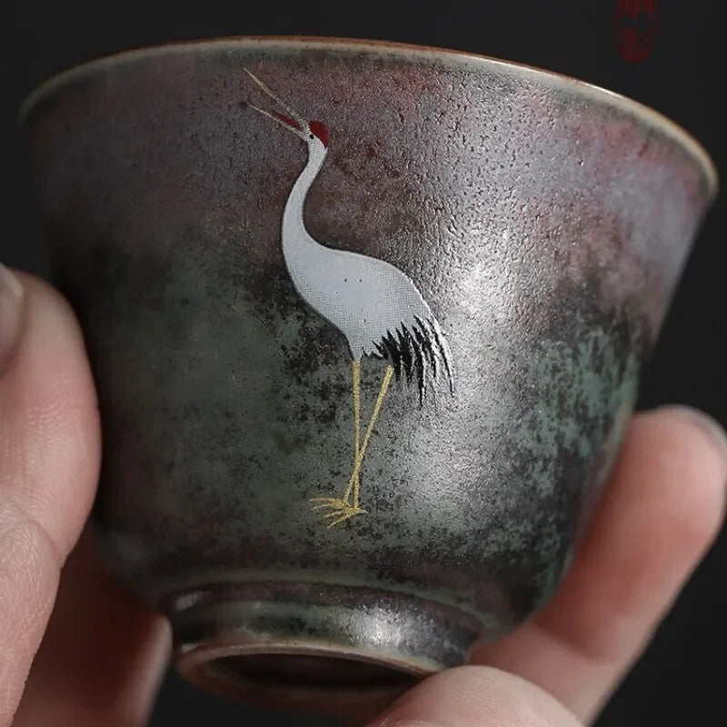 Handmade Crane Tea Cup Stoneware Kiln Roasted Vintage Tea Cup Ceramics Pottery