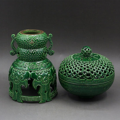 Chinese Antique Porcelain Emerald Green Glaze Hollow Rotating Incense Burner